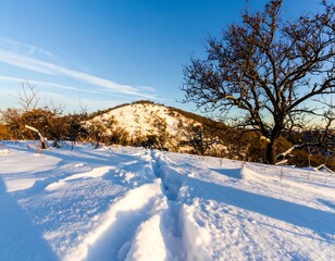 Snowy path up a hill at sunset