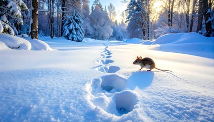 Snowy path with footprints and rodent