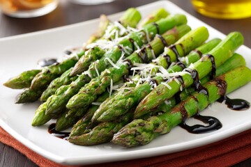 Roasted asparagus with parmesan and balsamic glaze on white plate