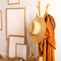 Wooden coat rack with hats and clothes (1)