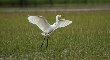 Fototapeta premium White Egret Landing in Green Marshland.