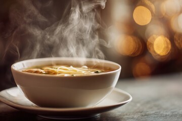 Hot chicken noodle soup in white porcelain bowl