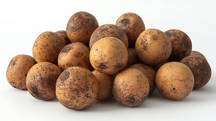 Pile of Round Brown Textured Fruits with Dark Spots on White Background image photo