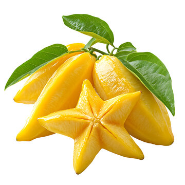 Fresh starfruit with leaves isolated on transparent background