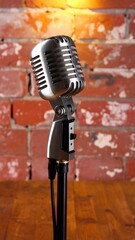 Retro microphone against brick wall