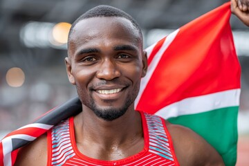 Kenyan athlete smiling and holding kenyan flag after winning race