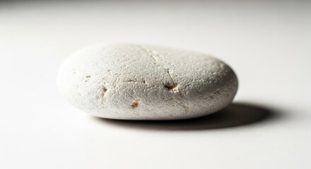 Smooth white stone with porous texture and subtle shadows on a white surface