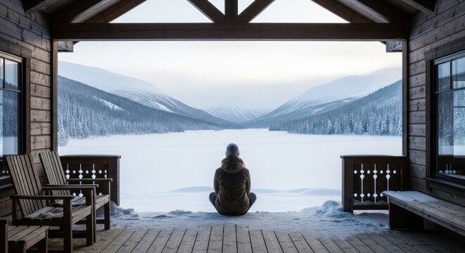 Solitary figure contemplates snow-covered valley from rustic cabin porch, winter landscape - Powered by Adobe
