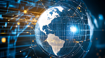 Obraz premium Global Network Connections: A Digital World Map with Interlinking Data Streams