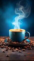 Hot coffee steaming in teal cup