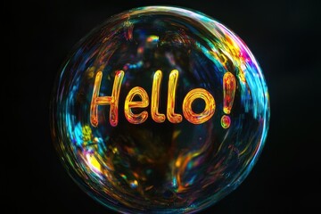Vibrant iridescent bubble with 'Hello!' message floats against dark background, perfect for greeting cards or digital outreach