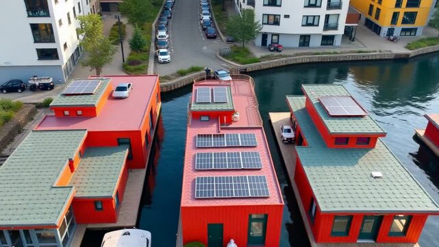 Aerial view of floating homes with red and green roofs, solar panels, and a docked houseboat in a canal near modern buildings in Copenhagen.