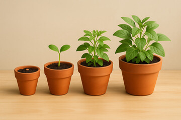 Fototapeta premium Four potted plants showing growth stages from seedling to mature plant.