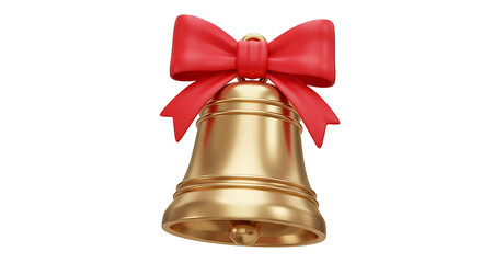 Golden Christmas bells with a red ribbon and bow, a festive holiday decoration isolated on a white background