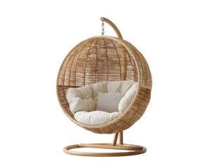 A light beige woven hanging chair, spherical in shape, rests on a wooden base