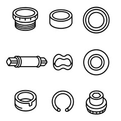 Bottom Bracket Components. Outline style icon of Bottom Bracket Families: BSA cup, press-fit shell, BB30 bearing, spindle axle,