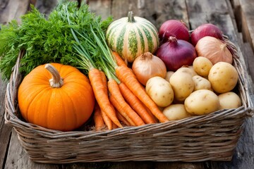 Freshly picked vegetables resting in wicker basket on rustic wooden table
