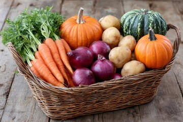 Wicker basket overflowing with fresh fall harvest vegetables