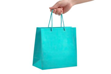Teal shopping bag held by a hand