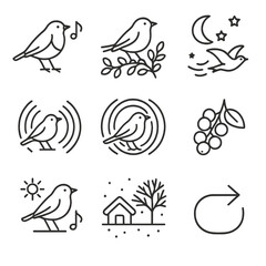 Migratory Birds Icons. Outline style icons of Migratory Birds: European robin song, hedge row stopover, nighttime star path,