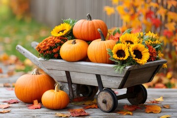 Pumpkins and sunflowers decorating a rustic wheelbarrow in autumn