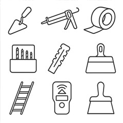 Renovation Tool Icons. Line style icons of renovation and repair tools: patching trowel, sealant gun, repair tape, drill bit set,