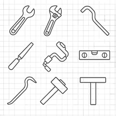 Naklejka premium Line Tool Icons. Line style icons of hand tools: spanner, adjustable wrench, Allen key, file tool, hand drill, level tool, crowbar