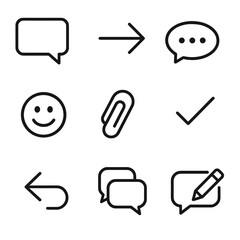 Digital Messaging Icons. Line style icons of digital messaging: text message icon, send arrow, typing dots, emoji face, attachment