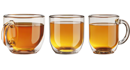 Three clear glass mugs filled with amber tea.  Each mug has a handle and a double-walled design.  Image is horizontally oriented and shows slight variations in the tea's color/opacity in the cups