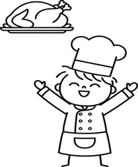 Cartoon chef celebrating, black and white line art, cooked chicken, culinary success, joyful cooking scene, food illustration, kitchen character