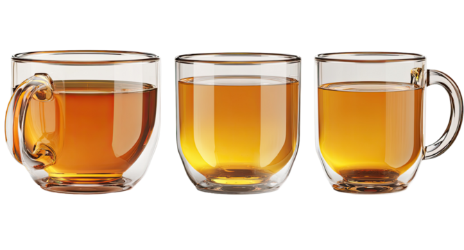 Three clear glass mugs filled with amber tea.  Each mug has a handle and a double-walled design.  Image is horizontally oriented and shows slight variations in the tea's color/opacity in the cups