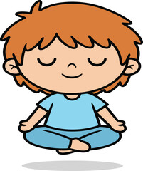 Cartoon child meditating, mindfulness illustration, peaceful boy, yoga pose, levitating kid, calm character, blue outfit, serene expression, cross-legged sitting