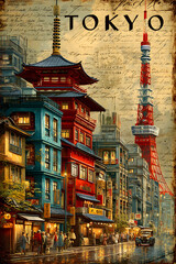 A Vintage travel poster of  Tokyo Cityscape