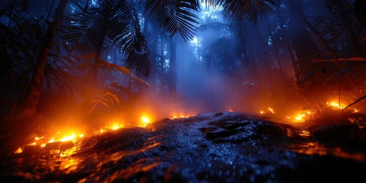 A raging inferno consumes a jungle at night, creating an awe-inspiring spectacle.