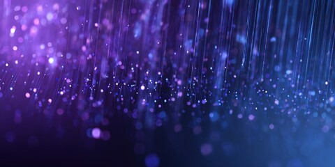 Abstract digital particles and light beams in blue and purple tones create a futuristic and dynamic background representing data flow, communication and technology and digital projects