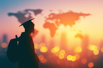 Graduate Student Boy Looking at World Map, Global Career Concept