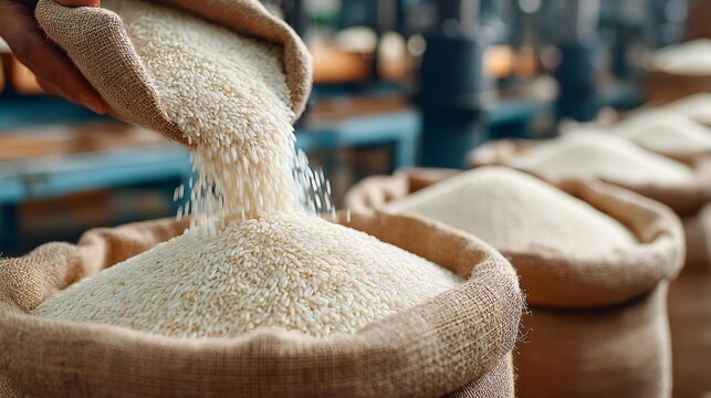 Factory worker pouring rice grains into burlap sacks in a rice mill