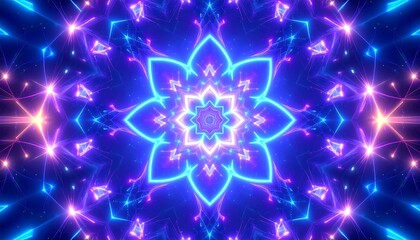 Abstract radial kaleidoscope with glowing neon hues of pink, blue, and light yellow. 