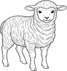 Cartoon sheep, black and white drawing, fluffy wool sketch, farm animal art, cute livestock, children coloring page, educational illustration, smiling sheep, rural character, agriculture image