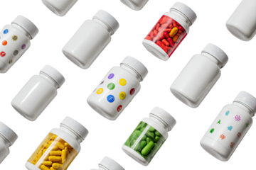 Many white plastic bottles, various colors, and capsules.  Geometric pattern
