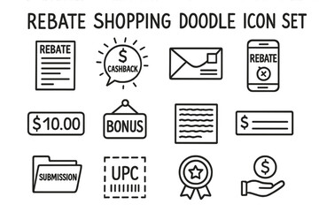 Rebate Shopping Icons. Rebate shopping doodle icon set: hand drawn icons of rebate form, cashback alert, mail-in envelope, digital