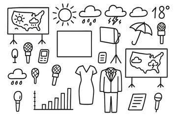 Weather Forecast Studio Doodles. Weather forecast studio: hand drawn doodles of maps, microphones, weather icons, green screens,