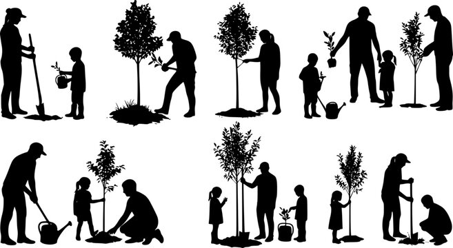 Silhouette of people planting trees various poses set collection. Family gardening and planting trees outdoor different poses silhouette set.
