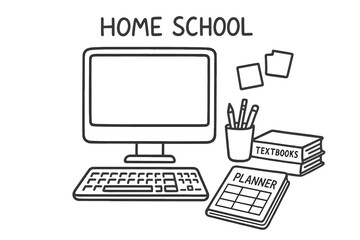 Home School Doodles. Home school workspace: hand drawn doodles of monitor, keyboard, pencil cup, textbooks, planner, and sticky