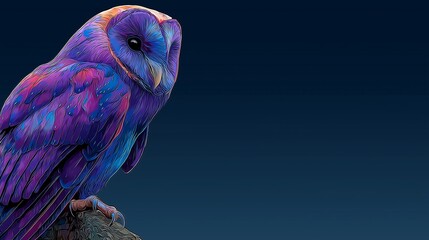 Vibrant owl with glowing neon accents perched against a dark background. Striking colors and futuristic design make it ideal for tech and creative projects.