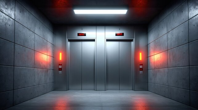 Two elevators with red light showing in dark concrete corridor
