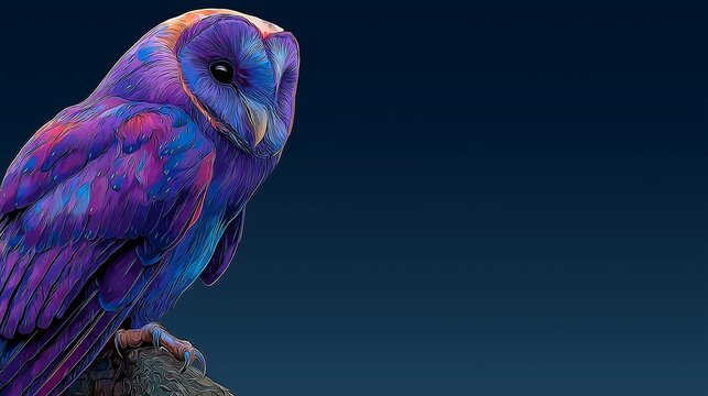 Vibrant owl with glowing neon accents perched against a dark background. Striking colors and futuristic design make it ideal for tech and creative projects.