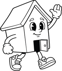 Cartoon house character, walking building, friendly mascot, smiling home, waving gesture, vector illustration, kids education, real estate concept, playful design