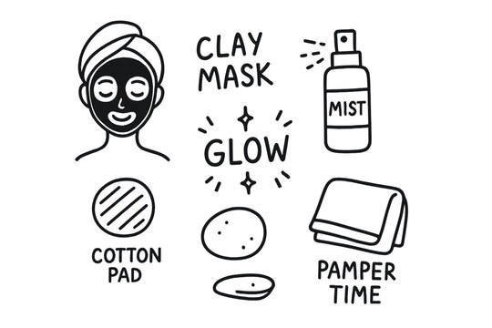 Skin Care Doodles. Skin pampering: hand drawn doodles of clay mask, mist spray, glow icon, cotton pad, soft towel, and pamper time