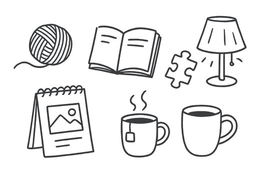 Peaceful Hobby Essentials. Quiet hobby time: hand drawn doodles of knitting yarn, book page, puzzle piece, sketch pad, tea mug,